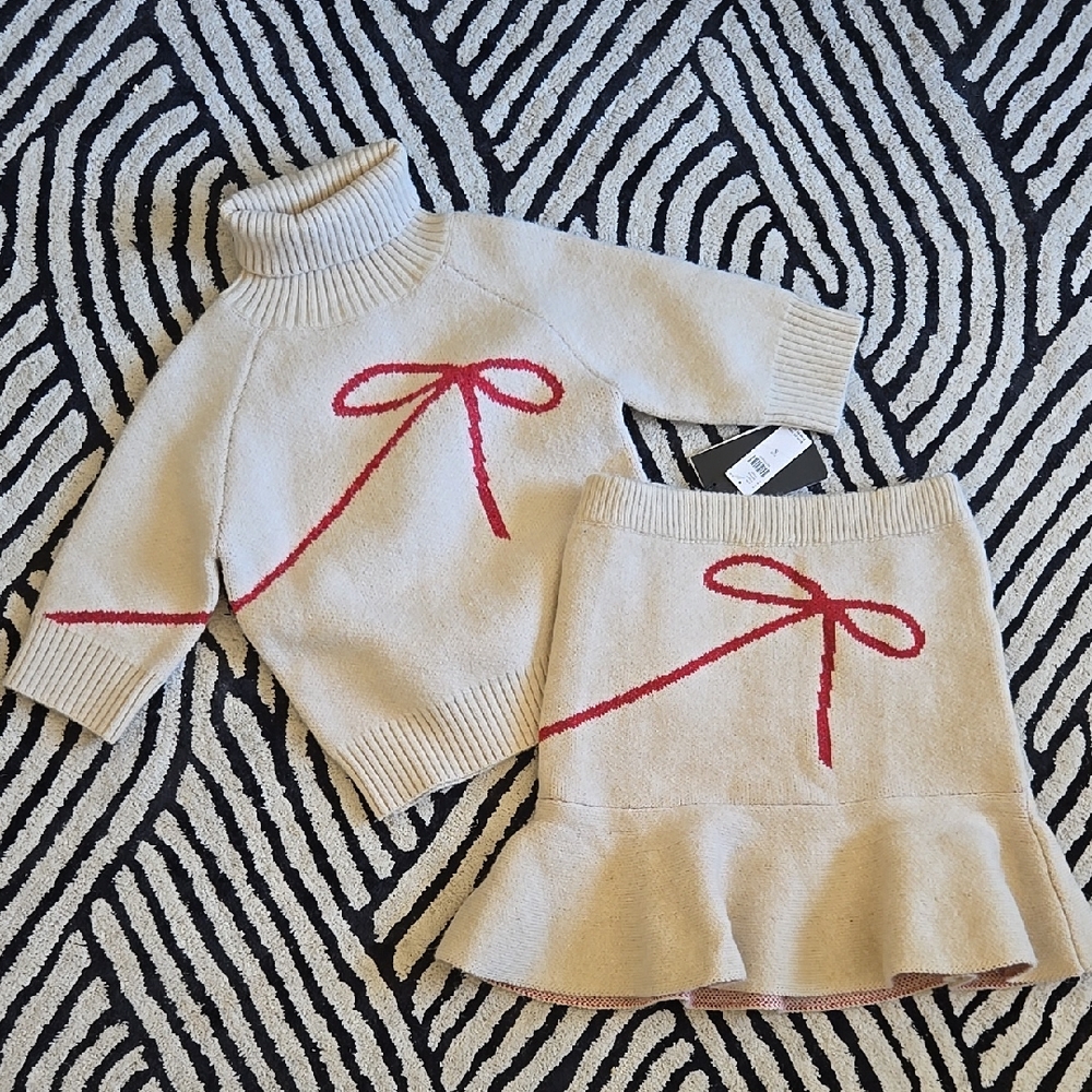 Cream Sweater and Skirt Set with Red Bow